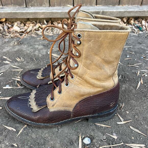 Justin Apache Brown Two Tone Roper Lace Up Cowgirl Boots 8B Style L353 - Picture 4 of 8